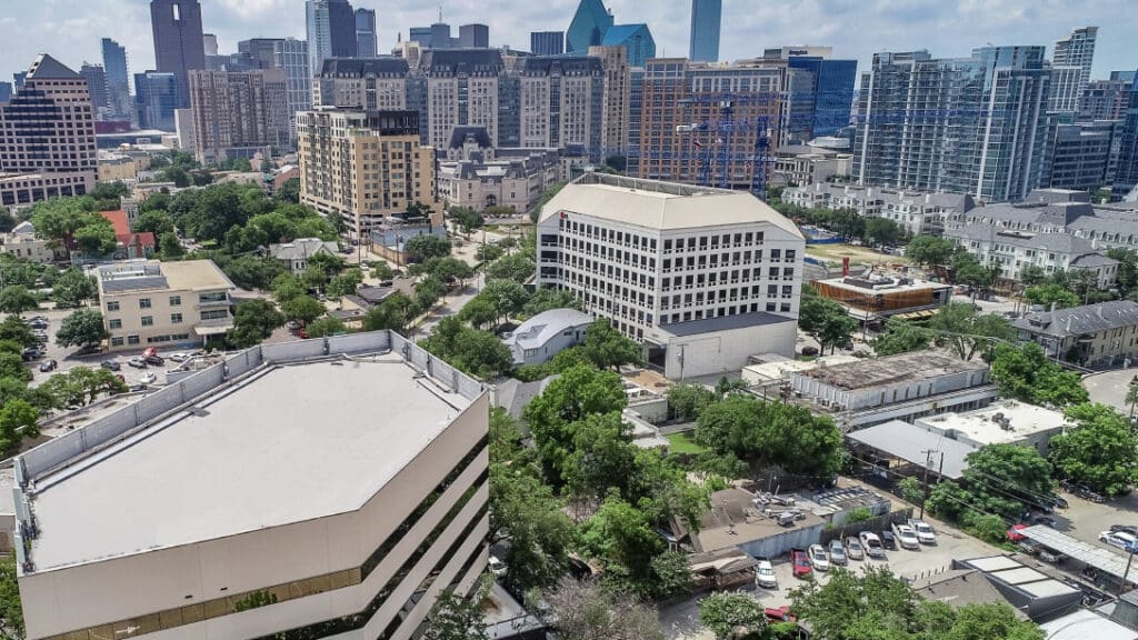 2501 Cedar Springs exterior shot of building and view of Dallas